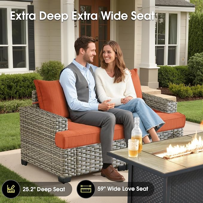 Rattan Patio Furniture Set with Swivel Chairs,9 Pieces Outdoor Sectional with Ottoman Glowing Coffee Table,Out Door Furniture Conversation Set,Orange Red