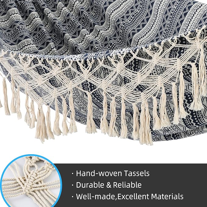 Garden Hammock with Tassels,2 Persons Indoor Hammocks with Portable Carry Bag Deluxe Macrame Fringe for Patio,Porch,Backyard,Beach,Outdoor and Inside Cotton Fabric, Up to 450Lbs (Blue-White)