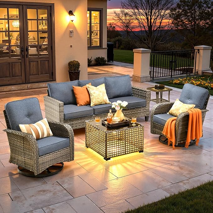 ovios 5 Pieces Patio Furniture Set, Outdoor Wicker Sofa Couch with Swivel Glider Chairs Solar Lights Table, Modern Deep Seat Rattan Conversation Sets for Deck Porch, Denim Blue