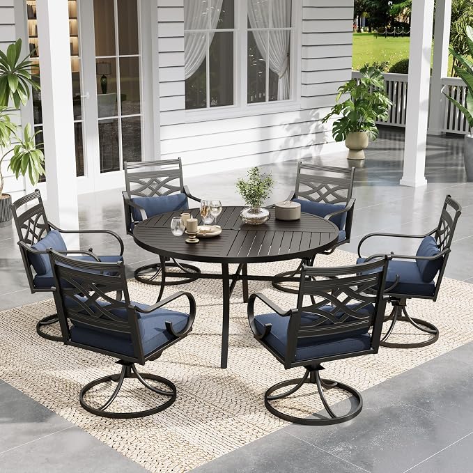 Sophia & William Patio Dining Set, Steel, Black | Umbrella Hole, Swivel Chairs, E-Coated, Cushions Included, For Patio, Garden and Yard