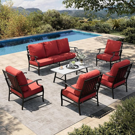 HERA'S HOUSE 6 Piece Patio Furniture Set, 4 x Fixed Metal Cushioned Chair, 1 x 3-Seat Sofa with Marbling Coffee Table, Outdoor Conversation Set for Lawn Garden Backyard, Red