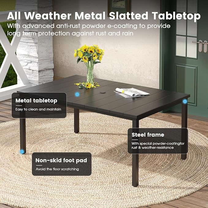 DIFY 7 Pieces Outdoor Patio Dining Set for 6, Swivel Dining Chairs with Blue Textilene and 63" Black Rectangle Metal Dining Table, Outdoor Table and Chairs for Lawn Garden Backyard Deck