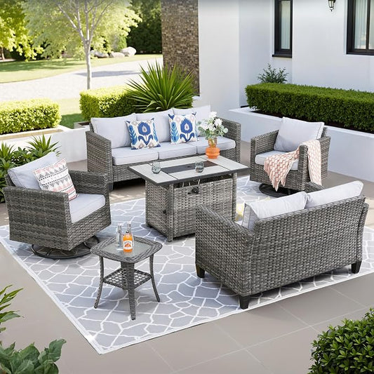 ovios 6 Pieces Patio Furniture Set with Rectangular Fire Pit Table, Swivel Rocking Chairs, Loveseat, Outdoor High Back Wicker Rattan Conversation Set for Deck Porch, Grey