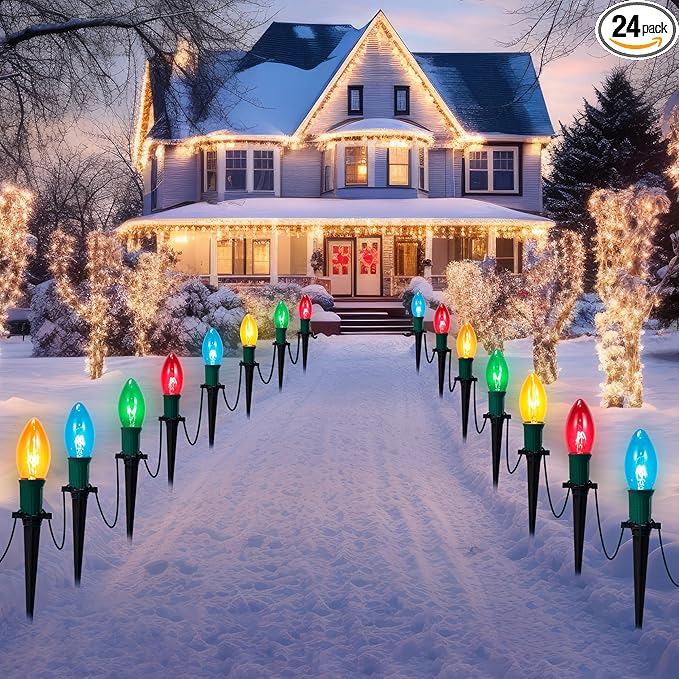 Joiedomi Christmas C9 Pathway Lights Outdoor Decorations 24 Packs, 30.75ft Xmas Multicolor Pathway Marker String Lights for Holiday Waterproof Outside Yard Garden, Party, Walkway Decor