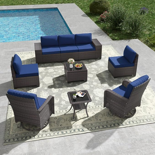 Kullavik 9 Pieces Outdoor Patio Furniture Set,PE Wicker Rattan Sectional Sofa Patio Conversation Sets with Tempered Glass Table,Swivel Rocking Chairs Set,Navy Blue
