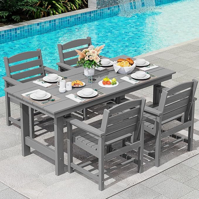 SERWALL 5 Pcs HDPE Patio Dining Set w/Umbrella Hole Table & 4 Chairs, Gray | HDPE Outdoor Dining Set with Rectangular Table & 4 Chairs, All-Weather Patio Dining Furniture