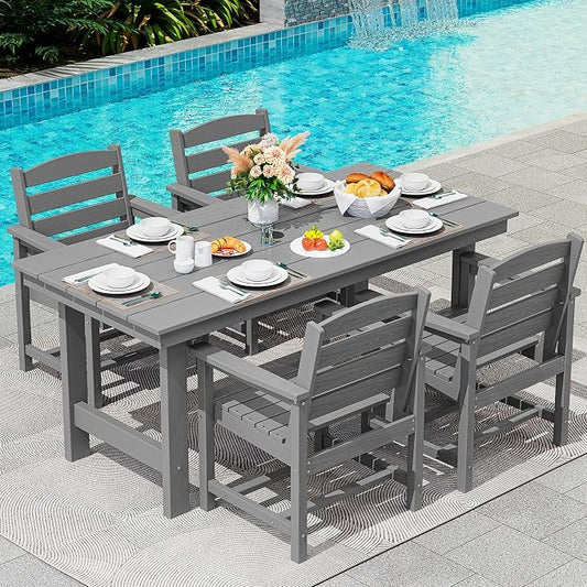 SERWALL 5 Pcs HDPE Patio Dining Set w/Umbrella Hole Table & 4 Chairs, Gray | HDPE Outdoor Dining Set with Rectangular Table & 4 Chairs, All-Weather Patio Dining Furniture