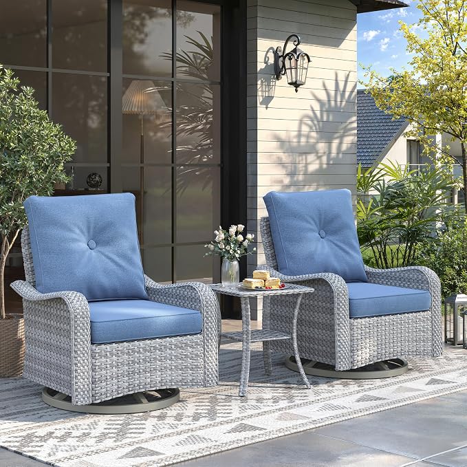 2-Seat Modern Patio Furniture Set with Swivel Rocking Chairs, Thick 4″ Cushions, Dual-Strand Wicker Rattan, Rust-Resistant Steel Frame – Outdoor Conversation & Modular Sectional,Navy