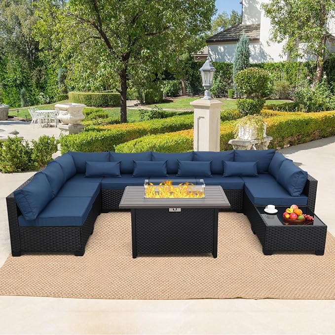 Rattaner 10 Pieces Outdoor Sectional All-Weather Wicker Patio Furniture Set Patio Sectional and Steel Fire Table and Glass Patio Table Non-Slip Cushions and Waterproof Covers, Navy Blue