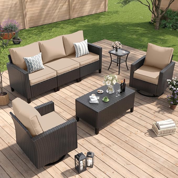 Amopatio Patio Furniture Set, Wicker Outdoor Sectional Sofa with Swivel Rocker Chairs, All-Weather Rattan Conversation Set, Storage Coffee Table, Waterproof Cover for Backyard,Deck Black/Khak 5 PCS
