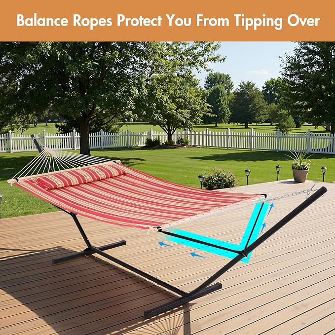 ANOW Outdoor Hammock with Stand 12FT, Heavy Duty Hammocks with Stand Included, 450 LBS Weight Capacity, Red Stripes