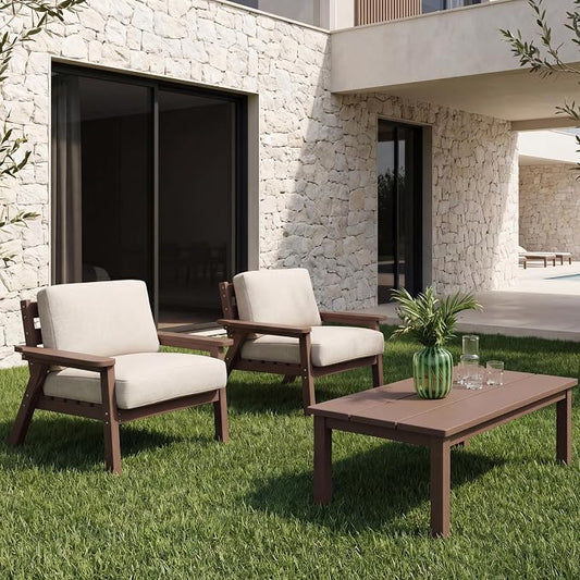 AreShark 3-Piece HDPE Patio Conversation Set, All Weather Outdoor Couch Set with Thick Cushions, Outdoor Sectional Outdoor Sofa Set for Lawn, Deck, Backyard, Brown & Beige