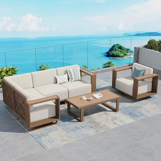 SUNSHINE VALLEY Patio Furniture Set, Outdoor Sectional Conversation Sets, Yellow Rattan Wicker Sofa with 10''Ultra-Thick Cushions, 6 Pieces Lawn Garden Backyard Furniture