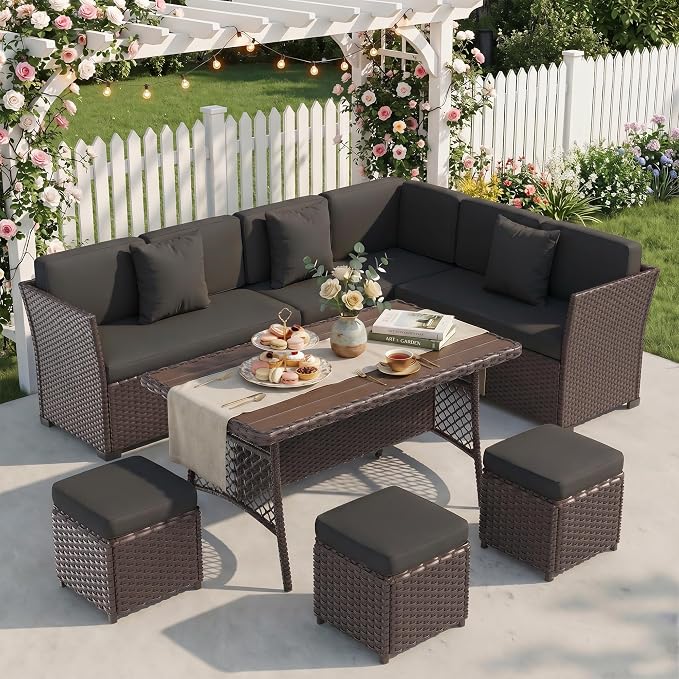 Patio Furniture Set, 7 Pieces Outdoor Dining Sets, All Weather Rattan Conversation Set, Outdoor Dining Sectional Sofa with Large Dining Table, Ottoman (Brown-Dark Grey, A-7 Pieces)