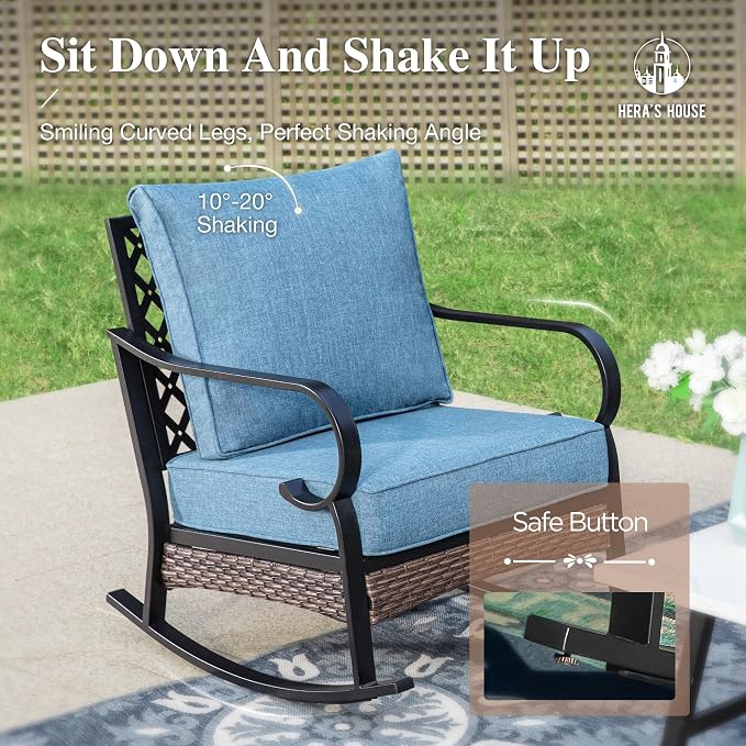 HERA'S HOUSE 6 Piece Metal Patio Furniture Set, All Weather Outdoor Conversation Set with 3-Seat Sofa, 2 Rocking Chairs, 2 Fixed Chairs & Coffee Table, 7 Seats for Backyard, Garden, Deck, Navy Blue
