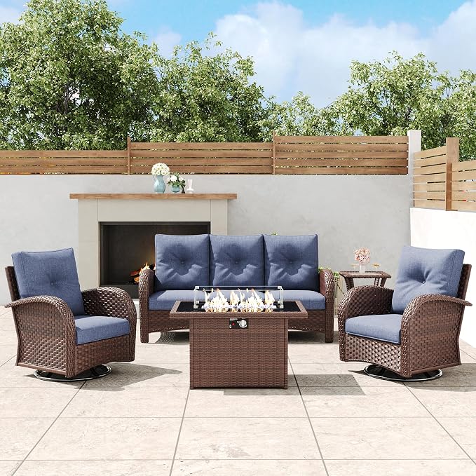 5 Pieces Outdoor Wicker Patio Swivel Rocking Chairs, All Weather Wicker Conversation Set with 44" Fire Pit Table