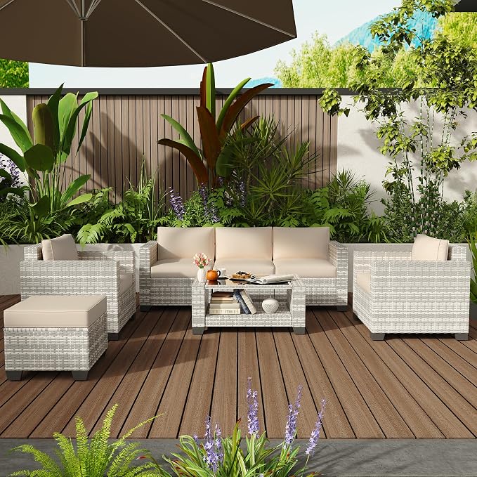 KIGOTY Patio Furniture Set 7 PCS Patio Conversation Sets, All-Weather PE Rattan Outdoor Sectional Sofa with Cushion and 2- Tier Glass Coffee Table（Grey White/Grey）