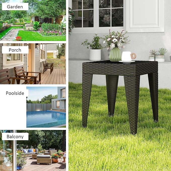 Kinfant Rattan Patio Side Table - Set of 2 Modern Wicker End Table, PE Coffee Table with Glass Top, Weather-Resistant Patio Furniture for Patio, Balcony, Garden, and Poolside (2, Rattan Black)