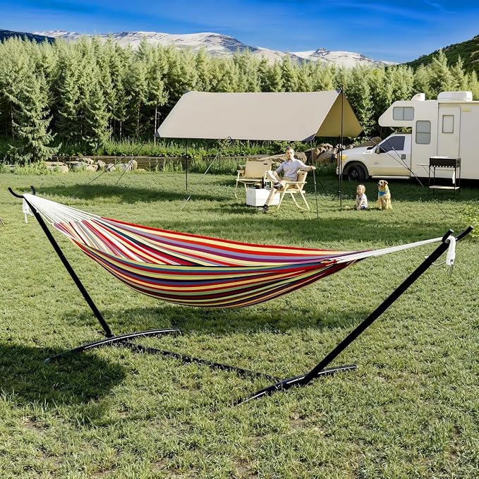 2-Person Hammock with Stand for Outside, Portable Heavy Duty Hammock | Space Saving Steel Stand, 450lb Capacity for Garden, Backyard or Patio