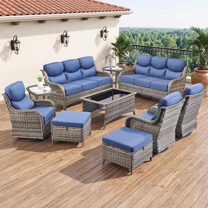 Luxury 6" Thick Cushion 9 Pieces Wicker Patio Furniture Set with High Back Swivel Rocker Chairs, Outdoor Conversation Set with Patio Couch for Deck Porch Yard and Poolside