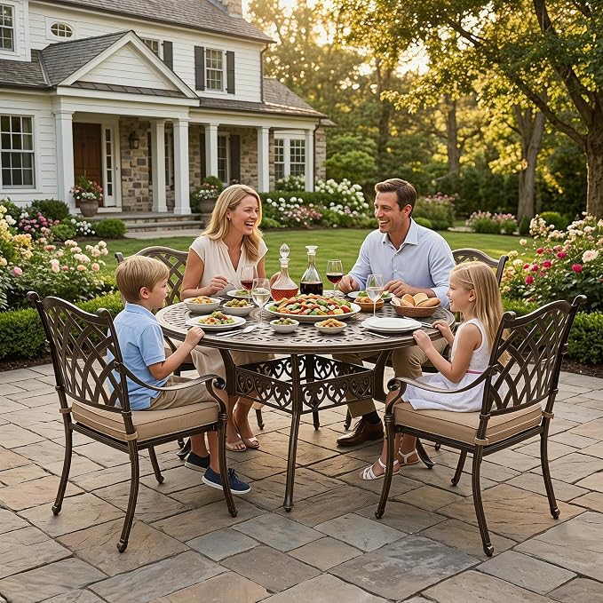 5 Piece Outdoor Dining Set Cast Aluminum, Retro Patio Dining Furniture Set for 4 Includes 54’’ Round Table 4 Chairs with Thicker Cushion and Umbrella Hole for Patio Deck Garden