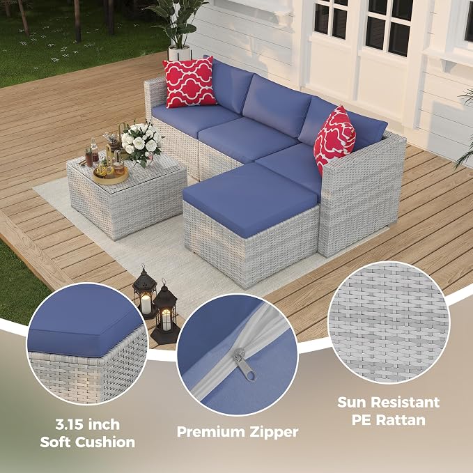 5-Piece Patio Sofa Set with Navy Blue Cushions – Modular Grey PE Rattan All-Weather Wicker Outdoor Furniture Featuring Glass Coffee Table & Anti-Slip Design, Ideal for Garden, Porch or Balcony
