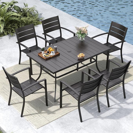MFSTUDIO Patio Table and Chairs Set of 6, Metal Outdoor Dining Set with Umbrella Hole, 7 Piece Wrought Iron Patio Furniture Dining Set for Deck Backyard Garden
