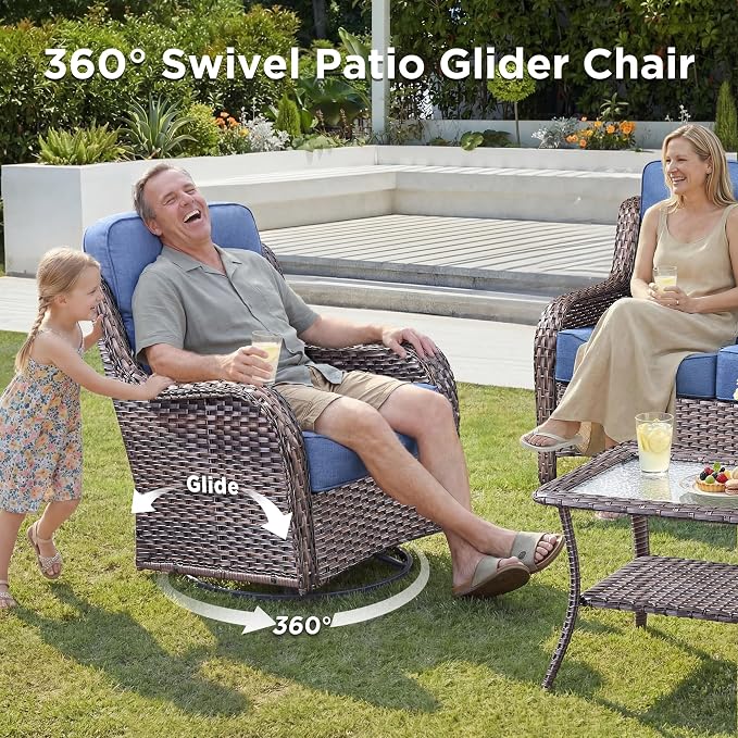 Luxury 5 Piece Patio Furniture Set-All Weather Outdoor Swivel Rocker Chairs with 6" Thick Cushions Multifunctional Ottoman Rattan Patio Conversation Sets for Porch Deck Garden Backyard(Brown/Blue)