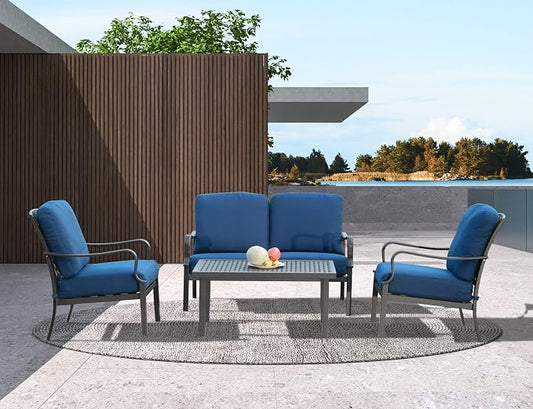 Domi Outdoor 4 pcs Patio Conversation Set, Metal Dining Table and Chairs Dining Set with Removable Navy Blue Cushions for Garden Lawn Yard