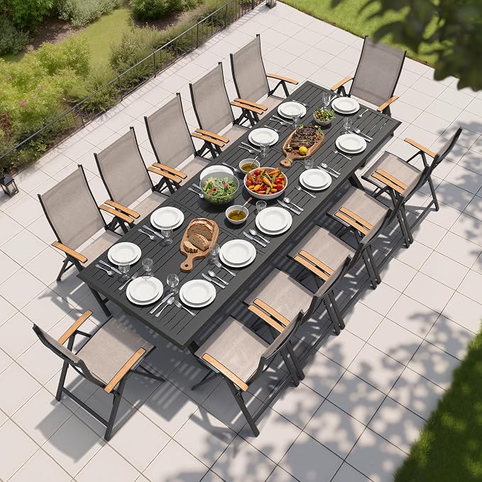 Crestlive Products 118" Outdoor Aluminum Dining Table for 12 People, Black Extra Long Patio Table with X Frame Legs and Adjustable Umbrella Hole, Heavy Duty Backyard Deck Garden Dining Tables
