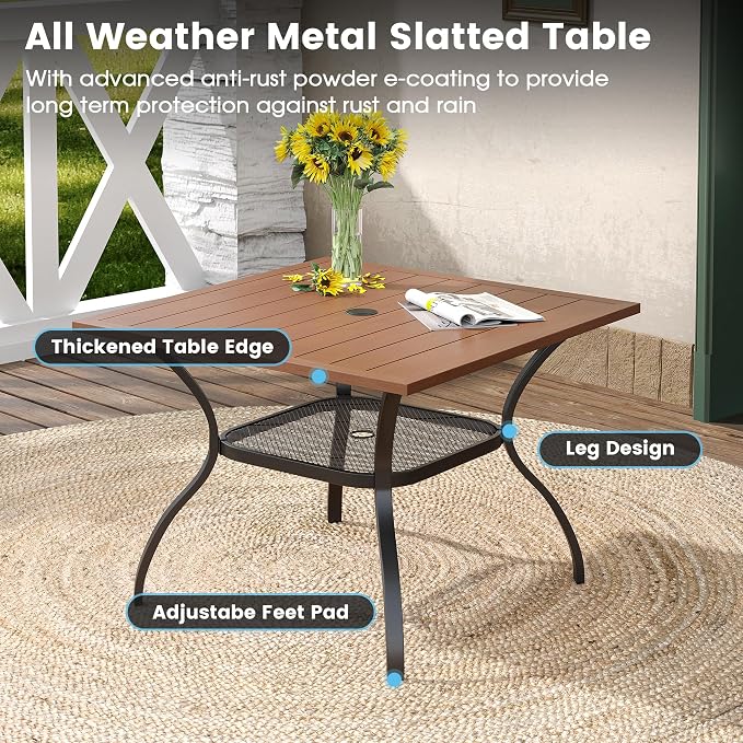 DIFY 5 Pieces Outdoor Dining Table Chair Set, Patio Dining Set with 1 Walnut Square Curved Legs Table with and Umbrella Hole & 4 Brown Stackable with Armrests Chairs for Lawn, Garden, Porch