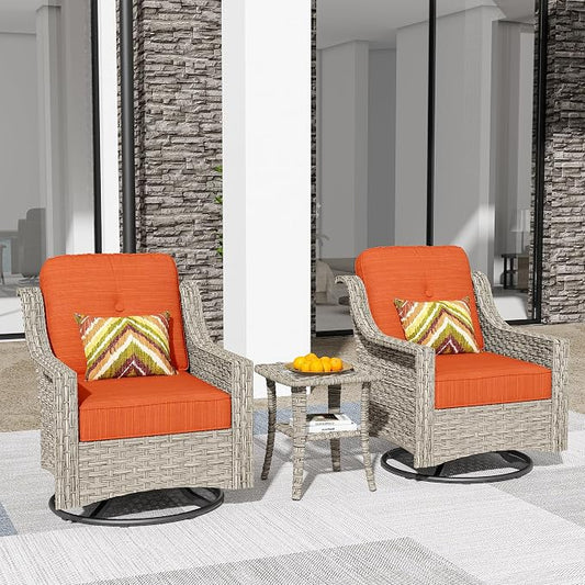 HOOOWOOO 3 Piece Patio Furniture Bistro Sets,Outdoor Wicker Swivel Rocking Chairs with Table Set,All Weather Resistant High Back Rattan Conversation Set(Orange Red)