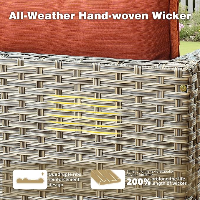 CAODOC 11 Pieces Outdoor Patio Furniture Set, Rattan Wicker Sectional Swivel Rocker Chairs Sets with Fire Pit, Swivel Glider Chairs, and Solar Powered Table