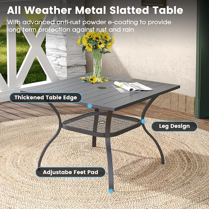 DIFY 5 Pieces Outdoor Dining Table Chair Set, Patio Dining Set with 1 Grey Square Curved Legs Table with and Umbrella Hole & 4 Grey Stackable with Armrests Chairs for Lawn, Garden, Porch