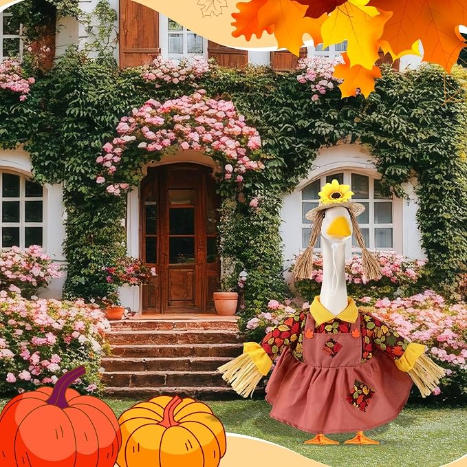 FuWeave Fall Porch Goose Outfit Maple Goose Costume Fancy Porch Geese Clothes with Wide Hat for 23" 17" Outdoor Patio