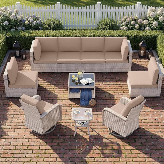 Patio Furniture Set, 10-Piece Outdoor Sectional Sofa with Swivel Rocker Chairs & 2-Layer Glass Coffee Table, Wicker Patio Conversation Set with Khaki Cushions