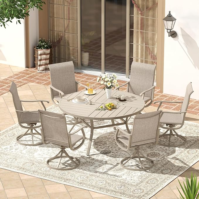 VICLLAX Patio 7 Pieces Outdoor Dining Set, 50" Round Metal Table with Umbrella Hole and 6 Swivel Textilene Chairs for Lawn, Garden, Porch, Sandshell
