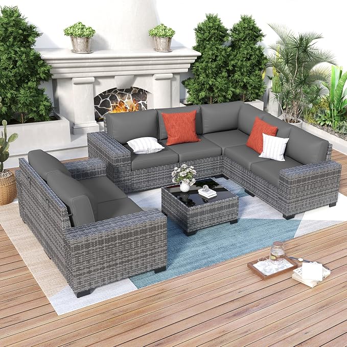 Outdoor Patio Furniture Set, Wide Outdoor Sectional Rattan Sofa Set, Wicker Patio Conversation Set with Cover for Deck, Poolside, Porch, 8 PCS (Grey & Grey)