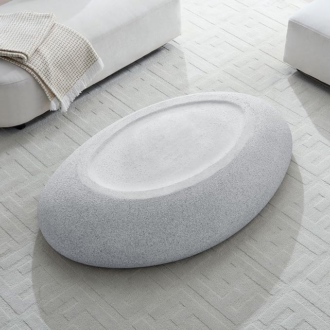 55.12" Faux Stone Coffee Table Modern Unique Coffee Table Oval Rock Center Tables Round Edge Design Fiberglass Concrete Accent Tables for Living Room Office Apartment No Assembly, Cement