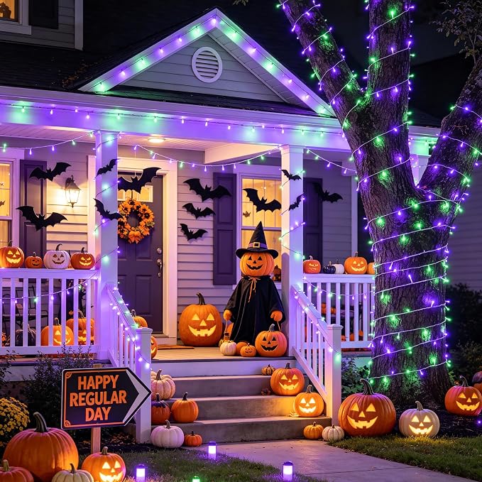 JMEXSUSS 600 LED Purple Green String Lights Plug in Indoor Outdoor | Lights for Halloween Decor, Clear Wire, Remote Control, 168 FT, for Fall Halloween Tree Fireplace Party Patio Gaeden