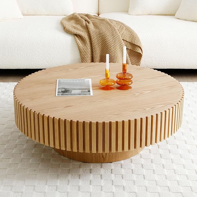 Round Coffee Table, Natural Wood, Modern Style, Slatted Base Design, Living Room Table (Ash, 31.49)
