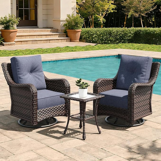 3 Pieces Outdoor Furniture Set with 6-inch Cushions, High Back Wicker Swivel Rocker Chairs with Coffee Table, Luxury Conversation Set for Deck Patio and Poolside