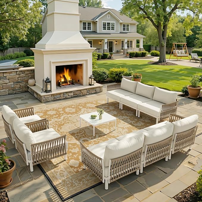 9-Piece Aluminum Modern Outdoor Sectional Sofa with Coffee Table - Weather-Resistant 31" Deep Seating Patio Conversation Set, 5.1" Thick Removable Cushions for Deck, Porch & Backyard, Beige
