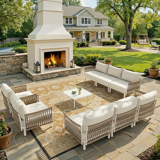 9-Piece Aluminum Modern Outdoor Sectional Sofa with Coffee Table - Weather-Resistant 31" Deep Seating Patio Conversation Set, 5.1" Thick Removable Cushions for Deck, Porch & Backyard, Beige