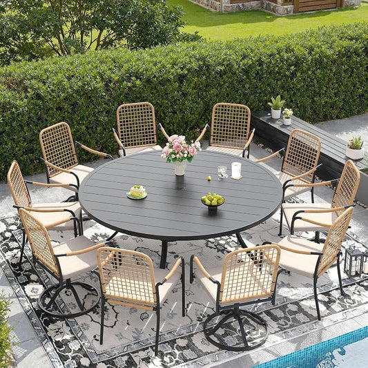 DIFY 11 Pieces Outdoor Dining Set for 10, Patio Furniture Set of 10 Wicker Patio Chairs with Soft Cushions and 63" Black Round Metal Table with Umbrella Hole, for Backyard Garden Deck, Wheat Rattan
