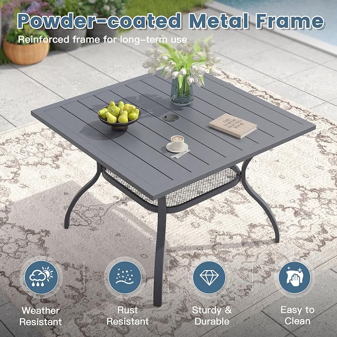 DIFY 5 Piece Outdoor Patio Dining Set for 4, 37.8" Square Metal Dining Table and Swivel Patio Chairs with Padded Textilene, All-Weather Outdoor Furniture Set for Garden Backyard Porch, Grey