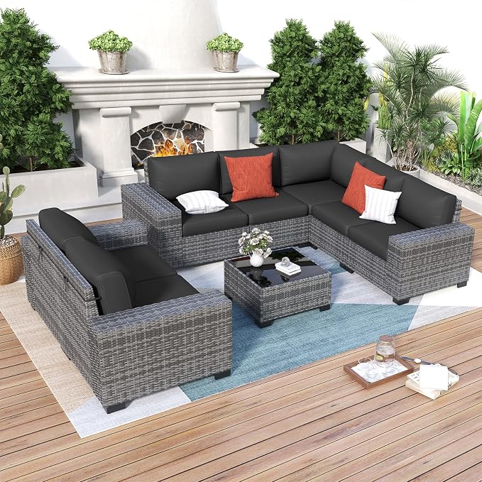 Outdoor Patio Furniture Set, 8‘’ Wide armrest Outdoor Sectional Rattan Sofa Set, Wicker Patio Furniture Sets w/Coffee Table,Thick Cushions for and Cover for Porch, Deck,8 PCS(Grey&Black)