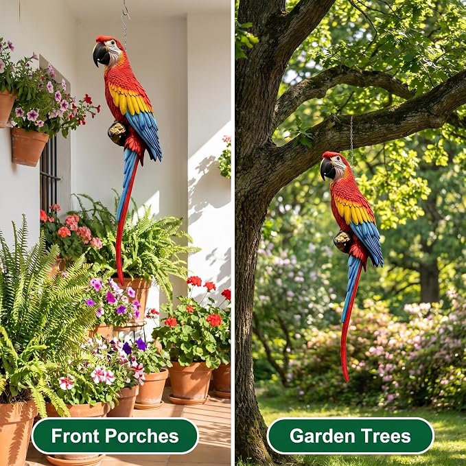 37.8" Hanging Scarlet Macaw Parrot Statue | Outdoor Resin Bird Decor, Weatherproof Solid Resin with Vibrant Hand-Painted Feathers