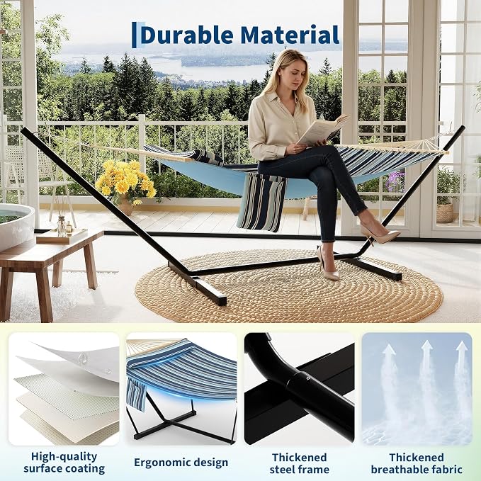 2-Person Hammock with Stand for Outside - Portable Heavy Duty Outdoor Double Hammock - Adjustable Steel Frame, 500 LBS Capacity, for Patio Garden Backyard & Beach