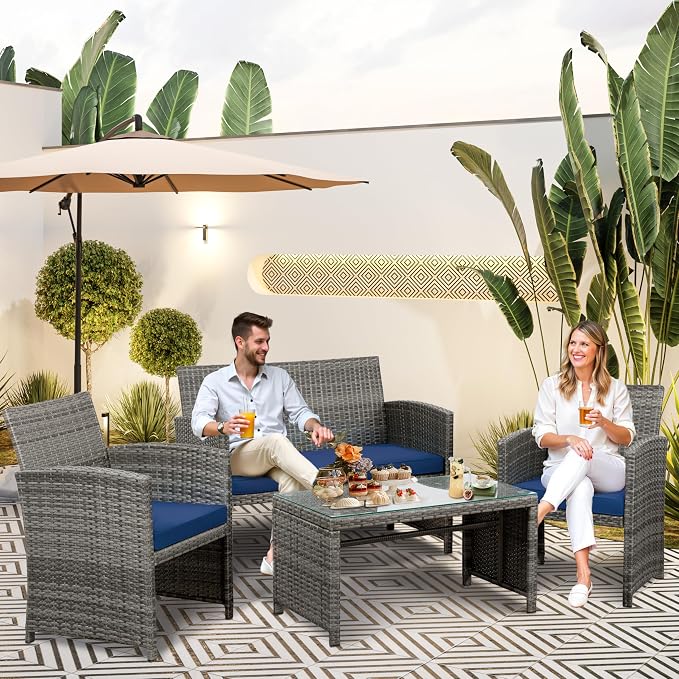 SUNLEI 4 Pcs Patio Ratten Set, Outdoor Furniture Set Wicker Conversation Set with Cushions and Tempered Glass Tabletop Outdoor Patio Furniture Sets (Dark Blue)